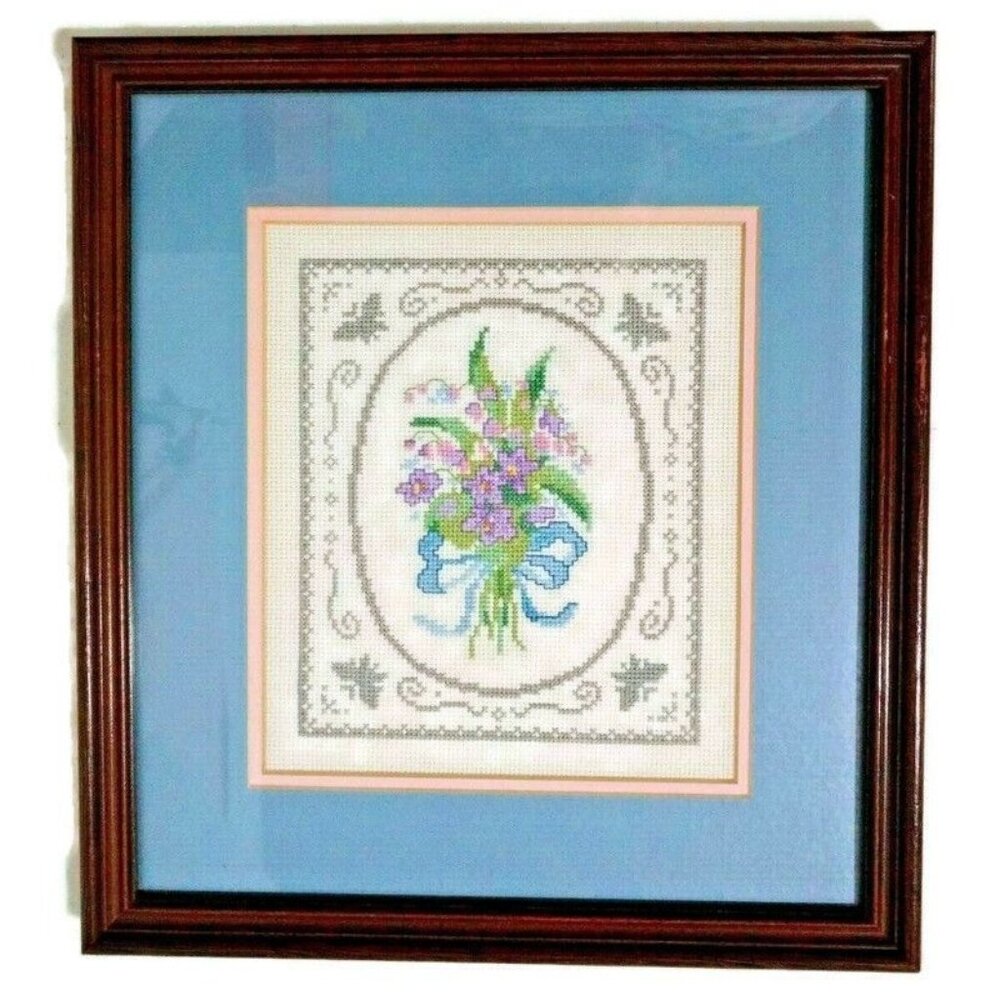 Needlepoint Framed Matted Floral‎ Flowers Purple Blue